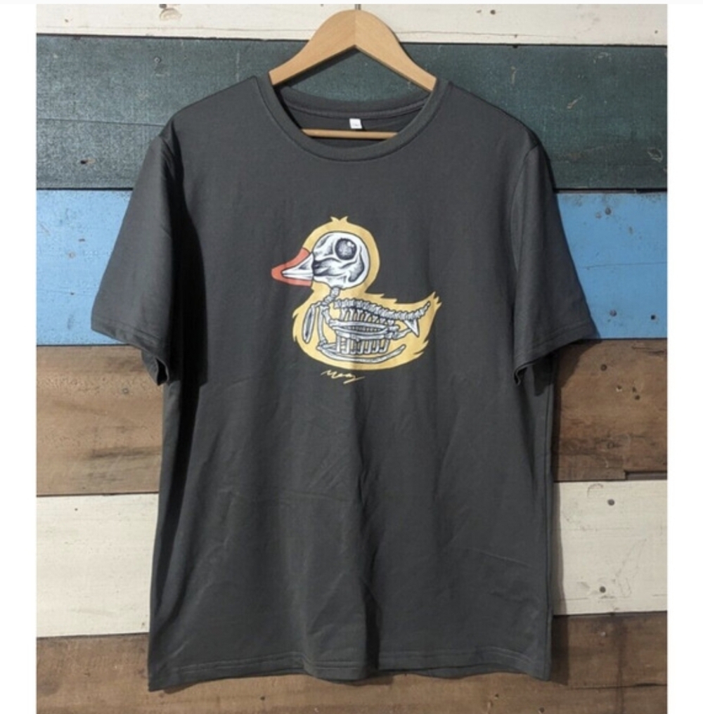 Mens Large Black Dark Gray Electric X Ray Rubber Duck Skeleton T shirt Fitted C